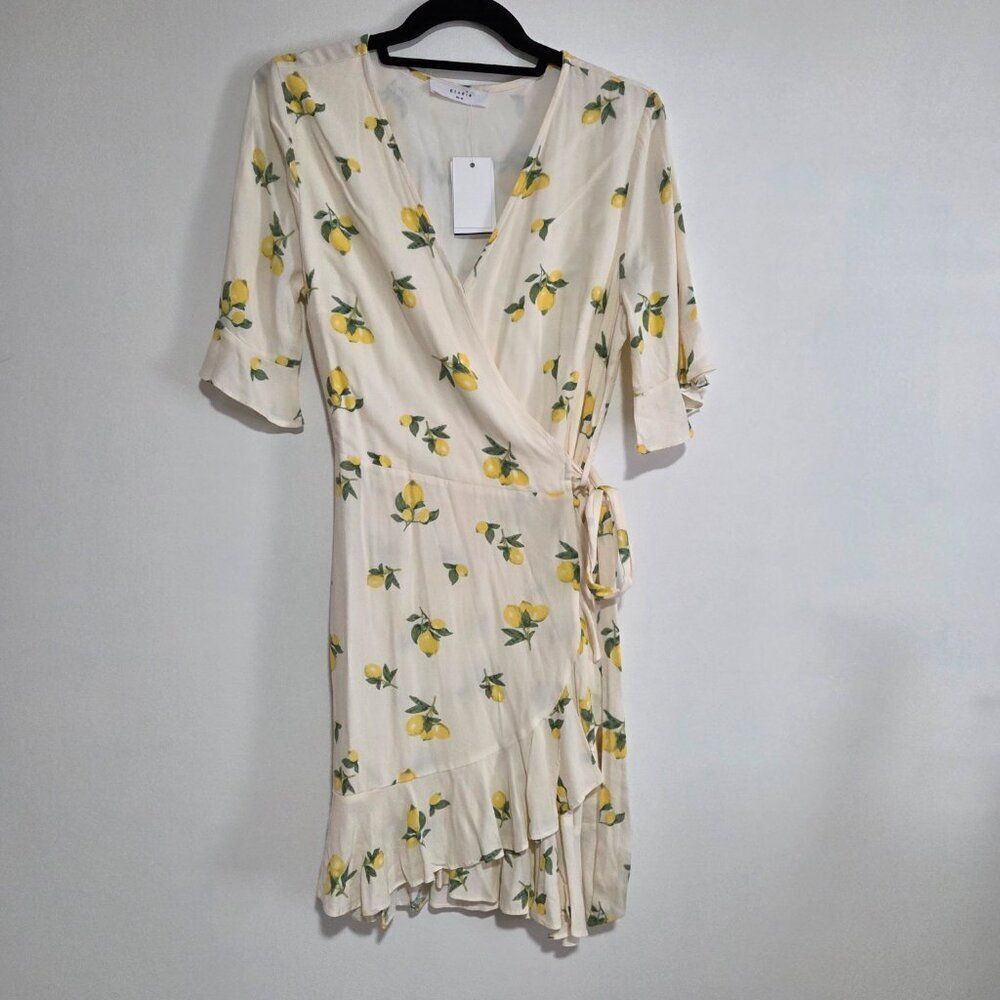 NWT ELODIE LEMONS PRINT SURPLICE WRAP RUFFLED SHORT DRESS SIZE MEDIUM